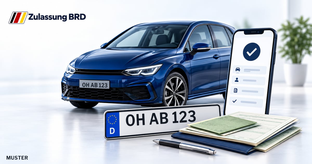 Online Fahrzeugzulassung in Malente: Musterkennzeichen OH AB 123, Auto und Fahrzeugpapiere und Smartphone. Illustration mit Logo von Zulassung BRD.